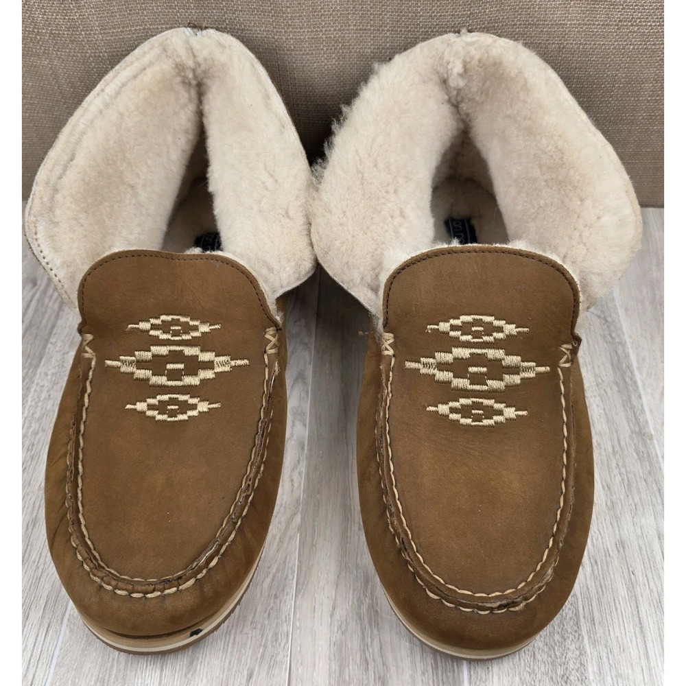 Hari Mari Womens 10 Alta Tan Nubuck Leather Handsewn Moccasin Stitch Slippers